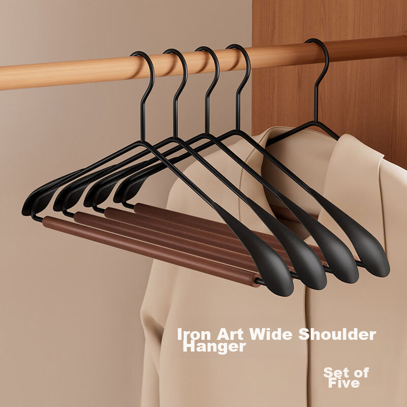 Jingxun Premium Beech Wood Wide Shoulder Solid Wood Coat Hanger Set of 5 Non-Slip Seamless Hangers for Coats, Trench Coats, and Suits