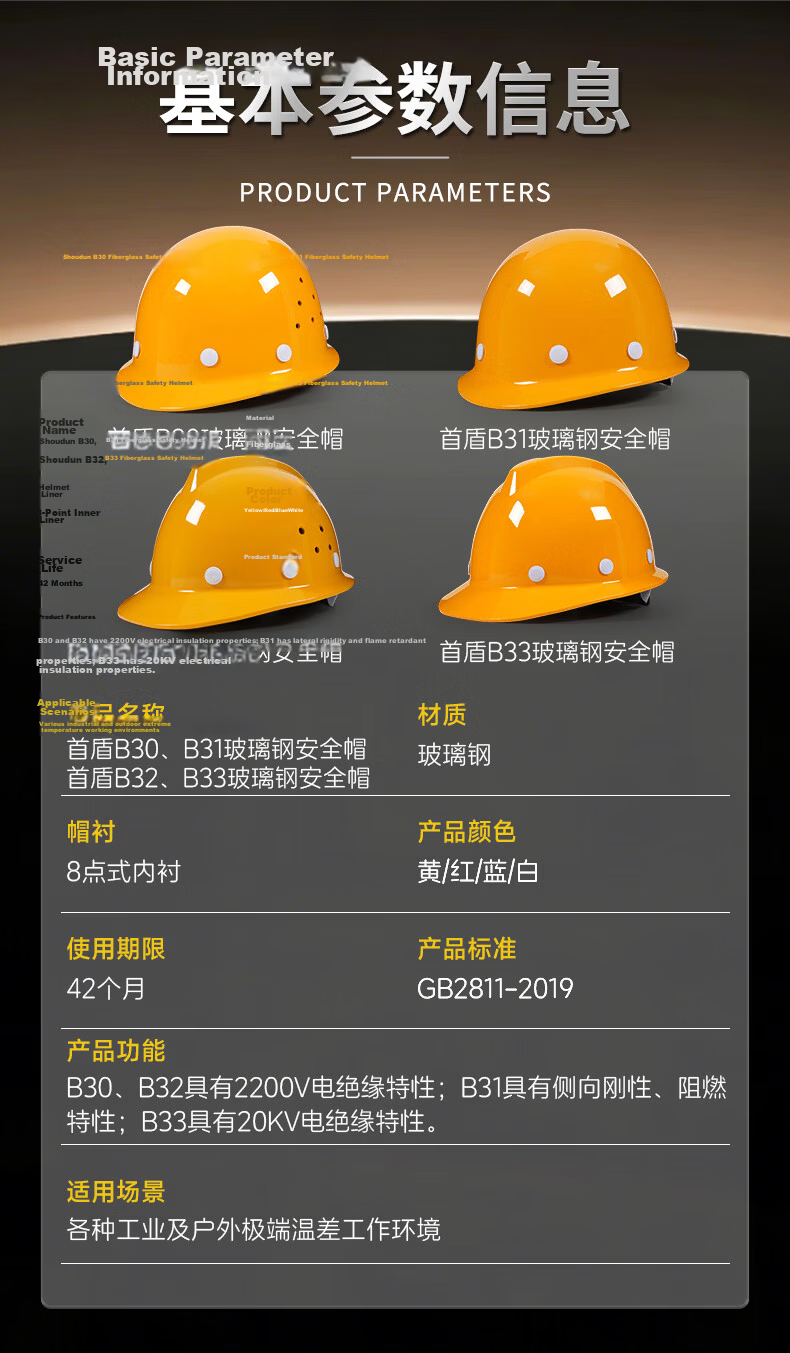 SHOUDUN Fiberglass Safety Helmet High-end Round Dome Construction Site New National Standard Anti-smash Breathable Red [No Printing] B30 Fiberglass Round Ventilated 9