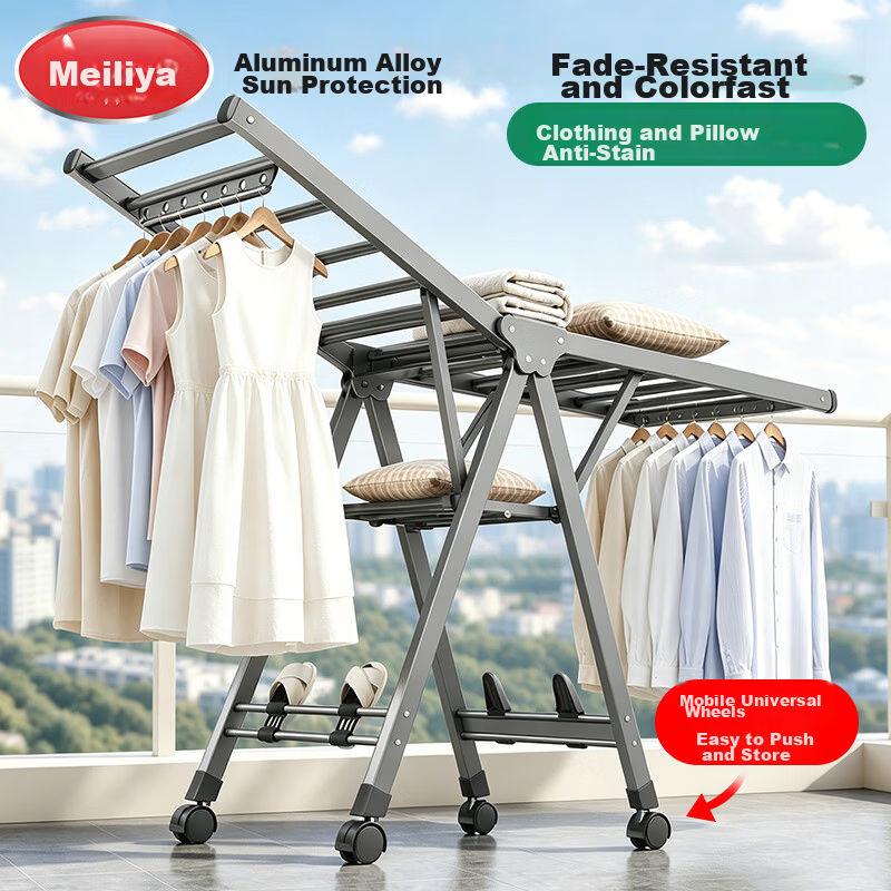 Meiliya Foldable Floor-Standing Clothes Drying Rack for Balcony, Wing-Shaped Mobile Indoor and Outdoor Laundry Rack for Hanging Quilts