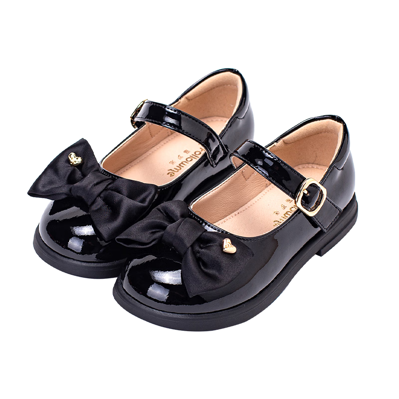 Fulomi Girls' Black Soft Sole Princess Leather Shoes Children's Fashion Performance Single Shoes Mirror Black Size 37