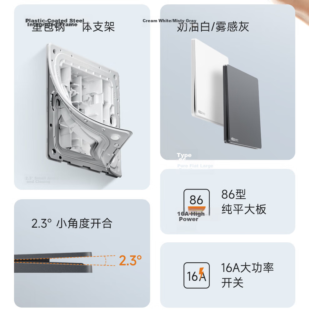 NVCleishidiangong Switch Socket, Three-Way Double Control Switch, 86-Type Ultra-Thin Panel Switch, N29 Misty Gray 6