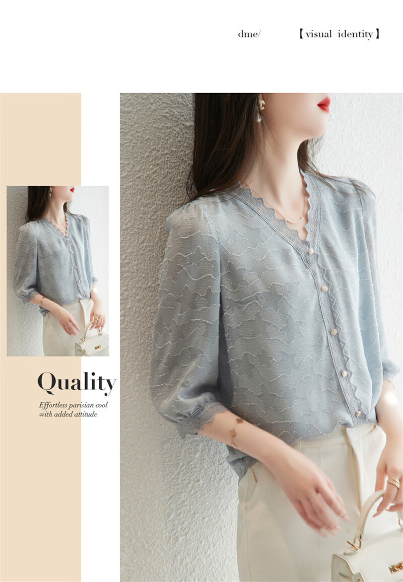 Dme [Long Time No See Series] Summer French Commuter V-Neck Jacquard Blouse, Three-Quarter Sleeve Lace Shirt, Women's Top 8