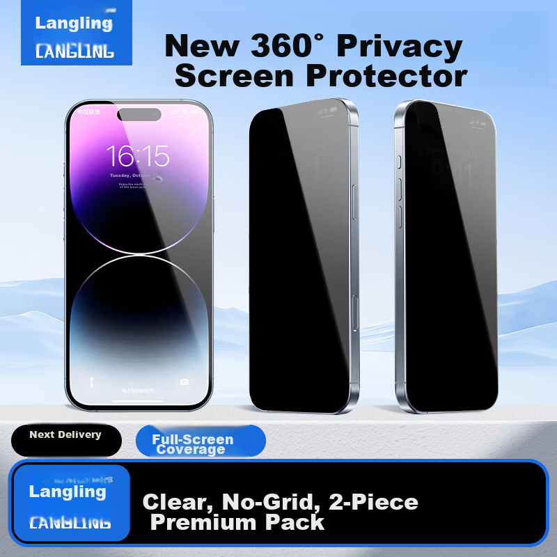 Langling [360° Privacy Protection 2-Pack] Tempered Glass Screen Protector for iPhone 14 Pro, Full-Screen Privacy Anti-Peeping and Drop-Resistant Front Film for Apple 14 Pro