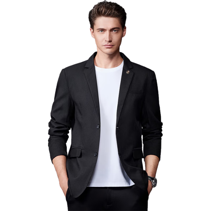 ROMON Men's Fashion Two-Button Single-Breasted Suit Jacket Business Casual Blazer YT2088 Black 3XL
