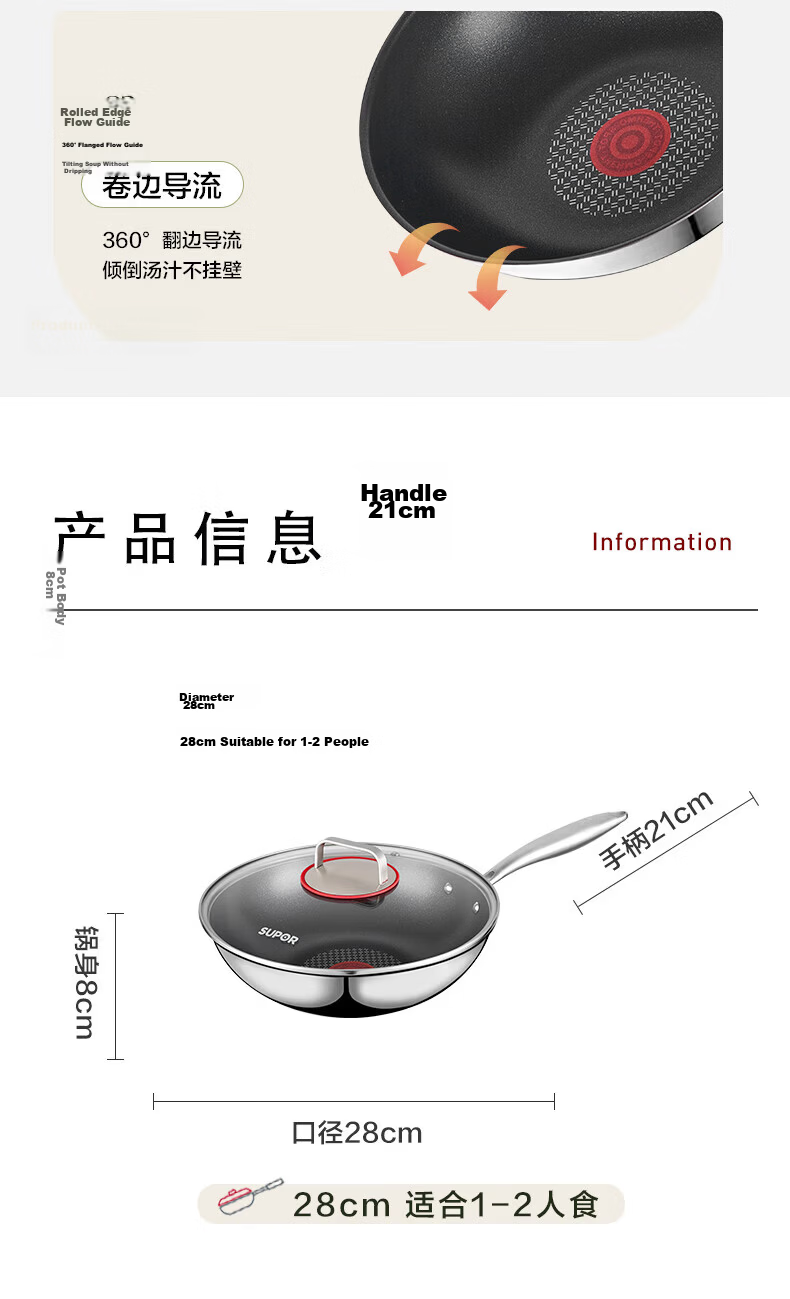 SUPOR Fire Red Dot Stainless Steel Titanium Wok Non-Stick Frying Pan Household Light Oil Low Smoke Induction Compatible 28cm 13