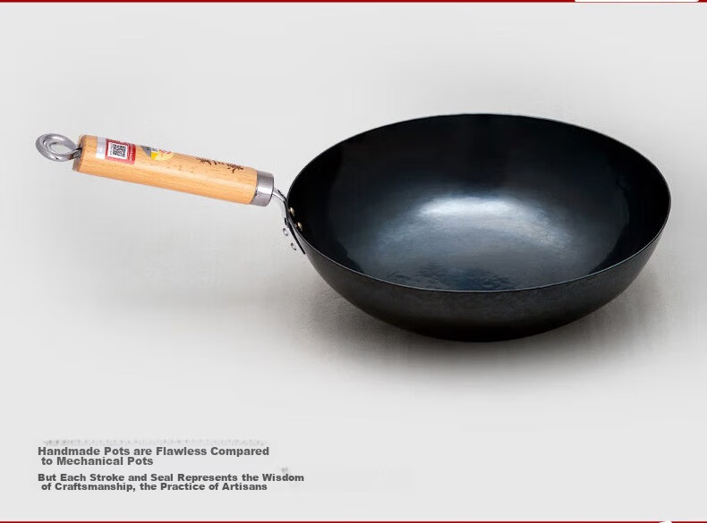 Zhensanhuan Zhangqiu Iron Wok, Hand-Forged Stir-Fry Pan, Uncoated Cooking Pan, Non-Stick, Round Bottom, Seasoned Iron Pan with Wooden Handle, 32cm 3