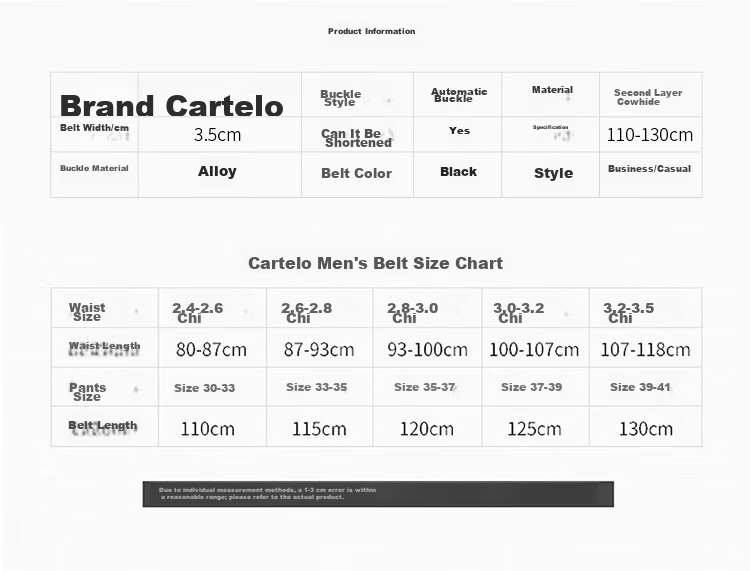 CARTELO Men's Genuine Leather Belt Automatic Buckle First Layer Cowhide Casual Gift for Boyfriend 6