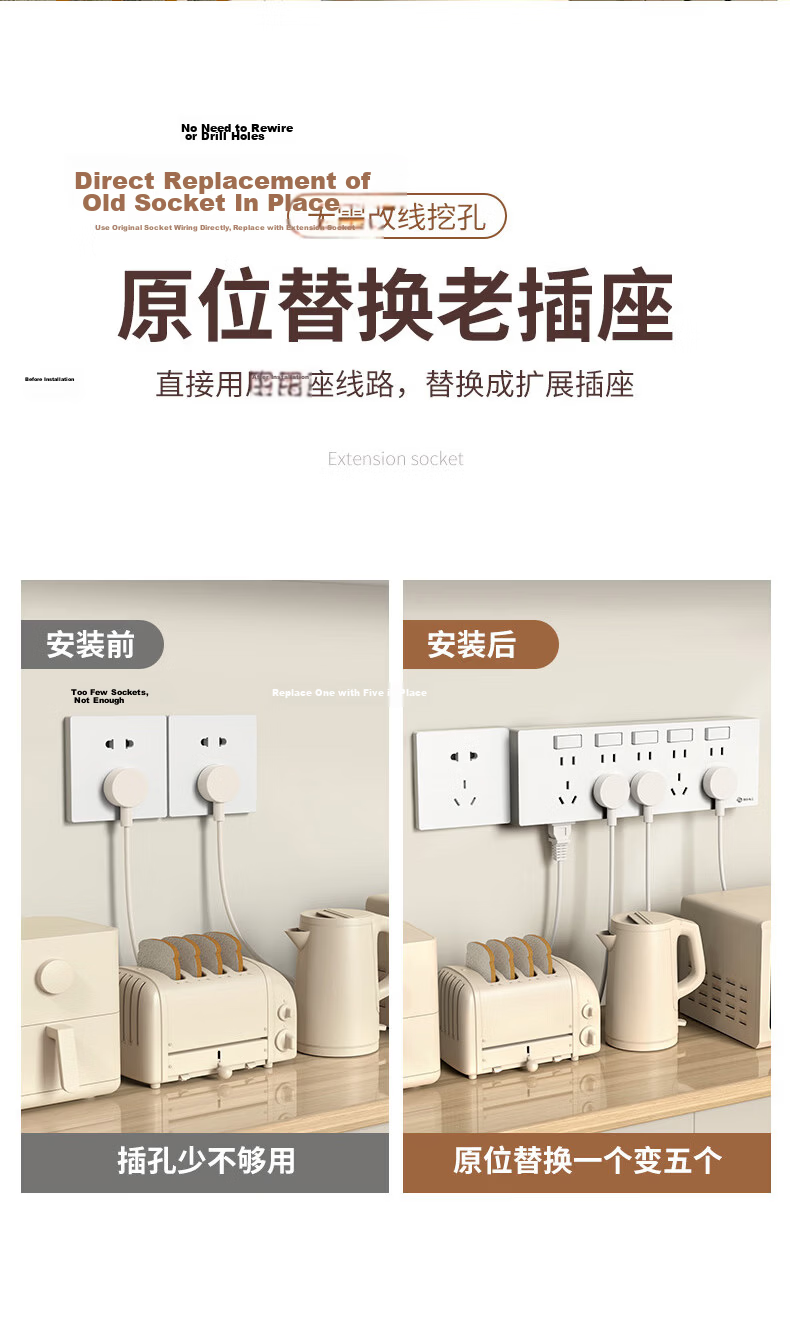 FDD 86-Type In-Situ Replacement No-Drill Free Expansion Multi-Socket Extension Power Strip [Four Outlets, Four Switches, Five Holes] 2