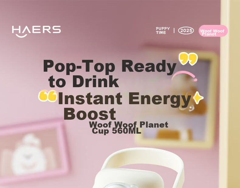 HAERS Insulated Water Bottle for Women Students High-Value Straw Cup Portable Cold Storage Punk Puppy (Black Pink) 560ml 1