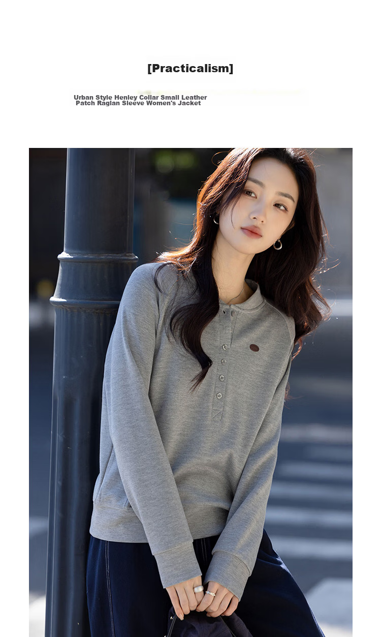 Demana Practicalism Spring Urban Style Henley Collar Small Leather Label Raglan Sleeve Slimming Concealment Jacket for Women High-End Feel 5