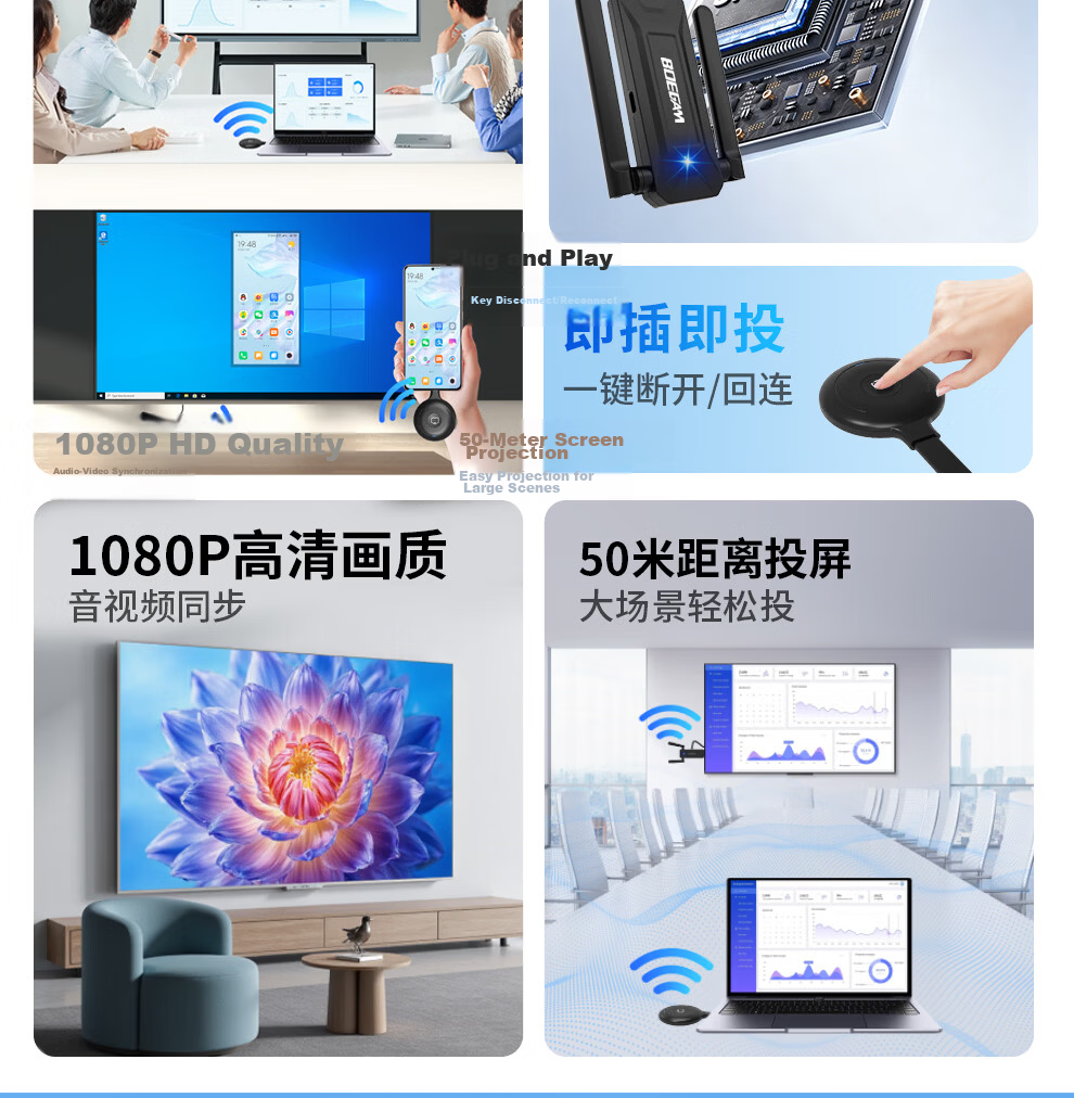 BOEGAM Wireless Screen Mirroring Device Audio Video Capture Card Conference Office Teaching Home Live Streaming Screen Sharing Phone Computer All-in-One Projector TV Display BG-5S Type-C 3