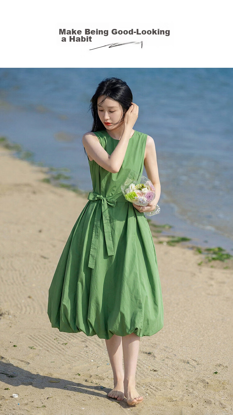 Demana Fresh Cotton Summer Breathable Sleeveless Round Neck Slimming A-Line Dress for Women 1