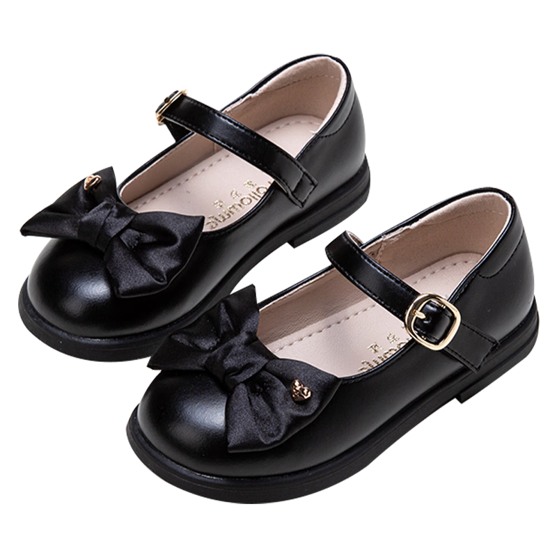 Follow Me Girls' Leather Shoes, Black Soft-Soled Princess Shoes, Children's Fashion Performance Shoes, Girls' Flats, Matte Black, Size 32