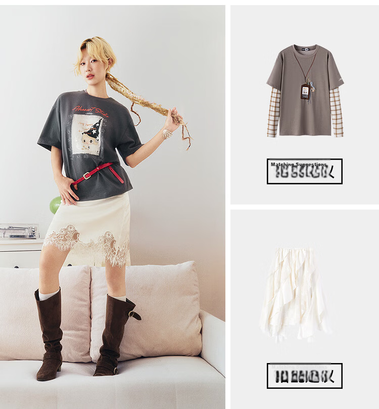 Semir Mall Same Style | Ahaa Women's Short-Sleeve T-Shirt, Summer 2026, Extra Loose Fit, Hand-Drawn Print, Pure Cotton Top, 101526100002 17