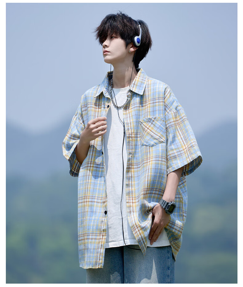 CLOR Men's Plaid Long Sleeve Shirt Spring Autumn Ins Loose Casual Retro Jacket CLCX10 Black 2XL 4