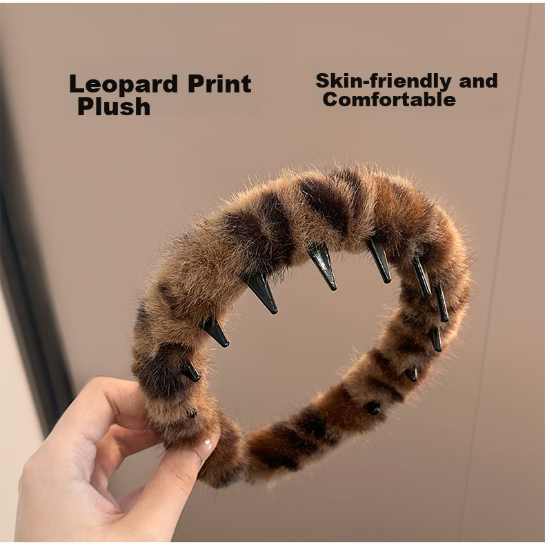 YeFeiLi Leopard Print Plush Teeth Hairband for Women, Face Washing Hair Clip, High Crown Hair Accessory, Hairband for Managing Flyaways, Autumn Winter Headwear, Dark Coffee 3