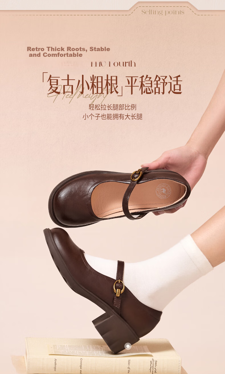 CAMEL Mary Jane Women's Casual Commuter Buckle Strap Chunky Heel Low-Cut Single Shoes L26S504057 Brown Size 40 8