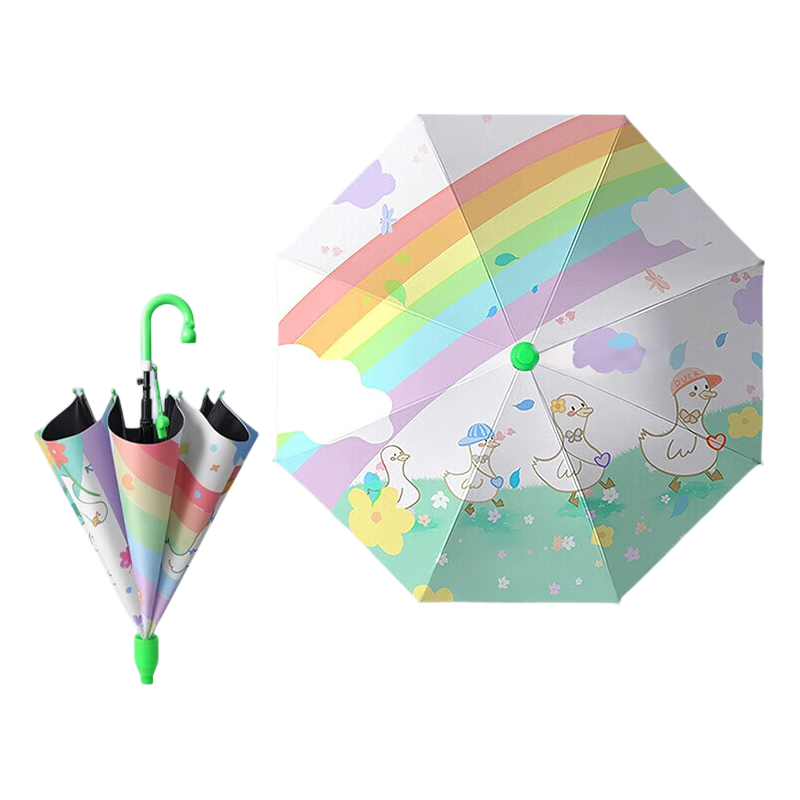 Baoshi Children's Umbrella for Girls, Sun Umbrella with Long Handle, Cartoon Design for Elementary School Students, Straight Handle for Both Sun And Rain Protection, Black Rubber Umbrella, Rainbow Playground
