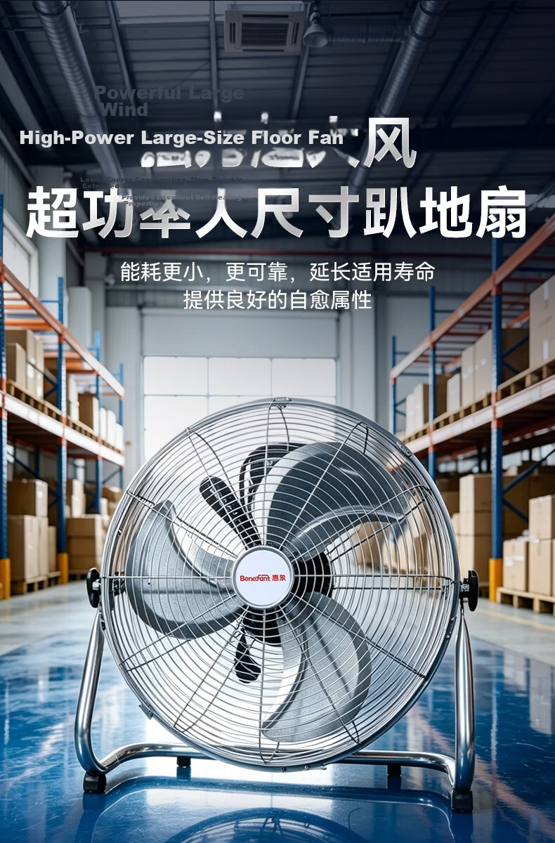 BENEFANT Silver 18-Inch Floor Fan Multi-Speed Industrial High-Power Electric Fan for Home and Workshop 1