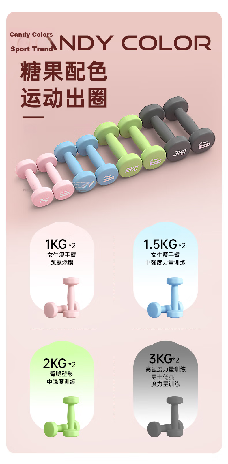 LI-NING Dumbbells Women's Home Use Solid Cast Iron 2kg Pair Fitness Home New Style Rubber Coated Matte 1kg for Women 10