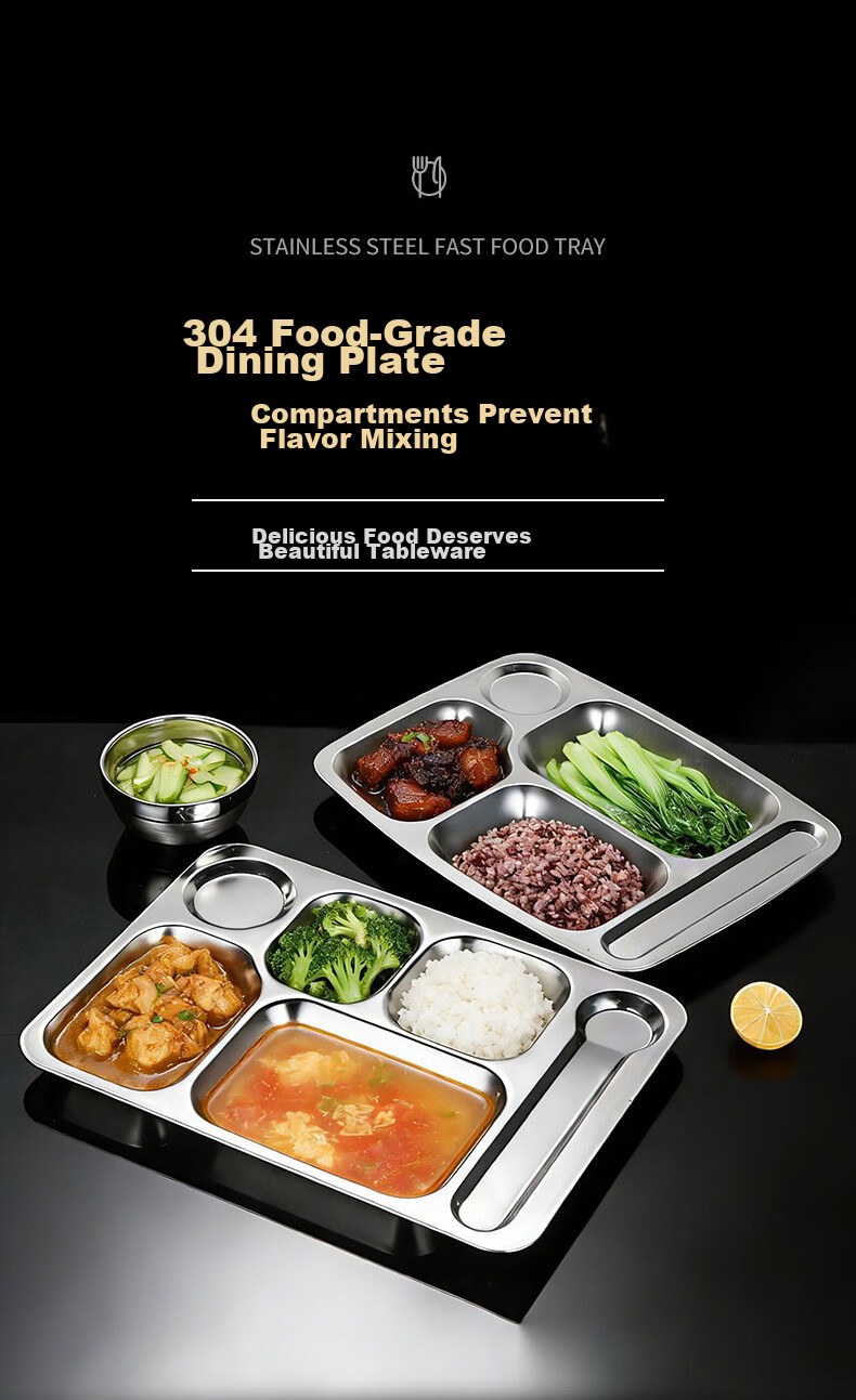 Zhuoliang 304 Stainless Steel Compartment Plate Adult Meal Tray School Canteen Self-Service Food Grade 9