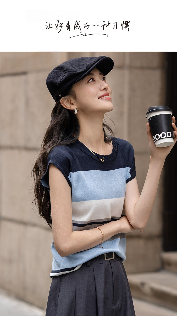 Demana [Breathable Tencel] Summer Lightweight Office Round Neck Raglan Colorblock Slimming Striped Knit Sweater for Women Premium Feel 1