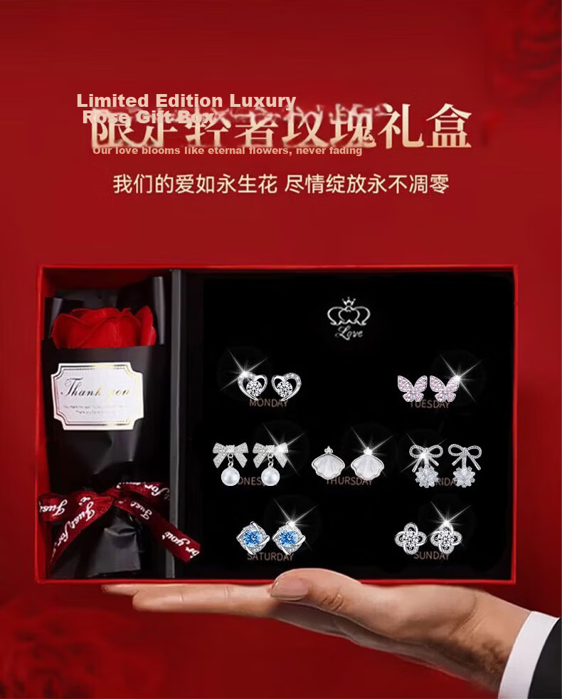 Dijing Weekly Stud Earrings Gift Box Qixi Valentine's Day Gift for Girlfriend Luxury 925 Silver Needle Earrings Silver Ear Rings 3
