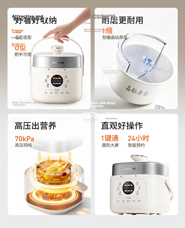 Joyoung Mini Electric Pressure Cooker 2L Single Meal Open-Lid Hot Pot Wear-Resistant Crystal Diamond Inner Pot Baby Porridge Portable Pressure Cooker Rice Cooker HA-SE1H22 1-3 People 2L 2