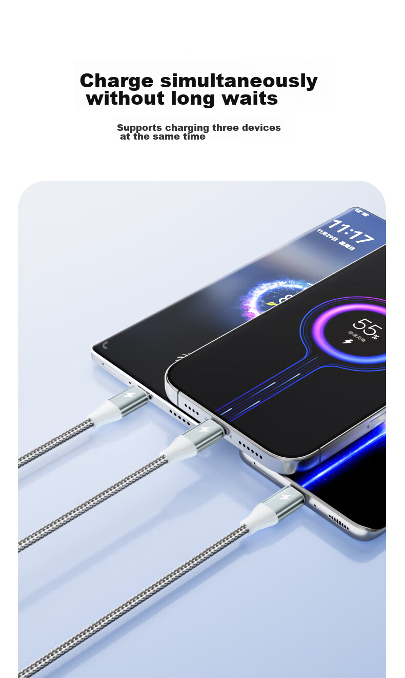 3-in-1 Data Charging Cable for Apple Type-C Android, 6A Fast Charge, Compatible with iPhone 17/16, Huawei, Honor, Xiaomi, Samsung, Car Use, 1.5m 3