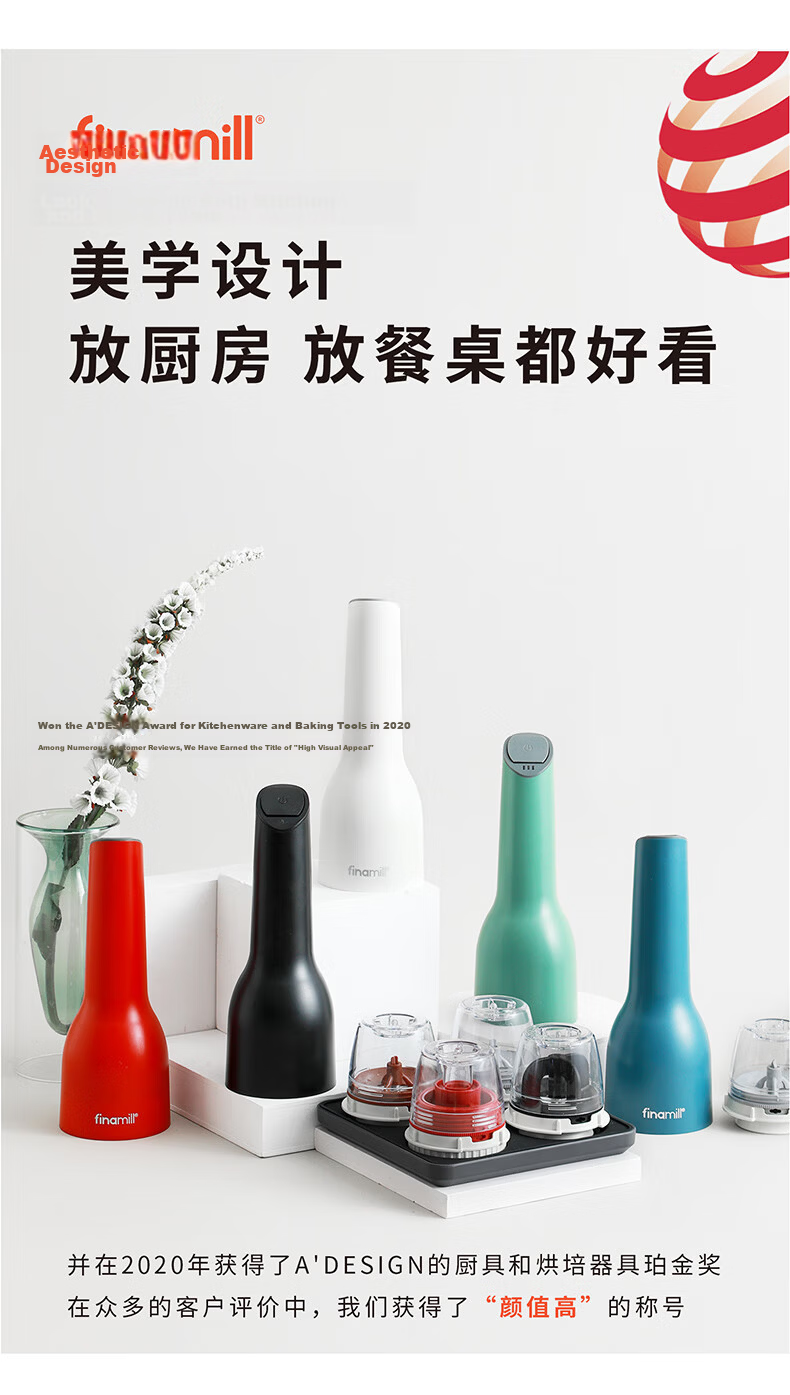 FINAMILL Rechargeable Quick-Card Kitchen Electric Spice Grinder Adjustable Coarseness White with Tray Ginger Yan Edition 7