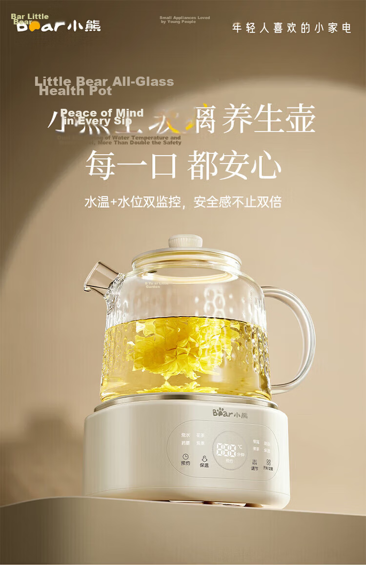 Bear All-Glass Health Kettle 0 Metal 0 Glue 0 Seam Multifunctional Tea Kettle Flower Tea Kettle Constant Temperature Kettle Electric Kettle Tea Maker Water Boiler with Filter YSH-P10R8 8