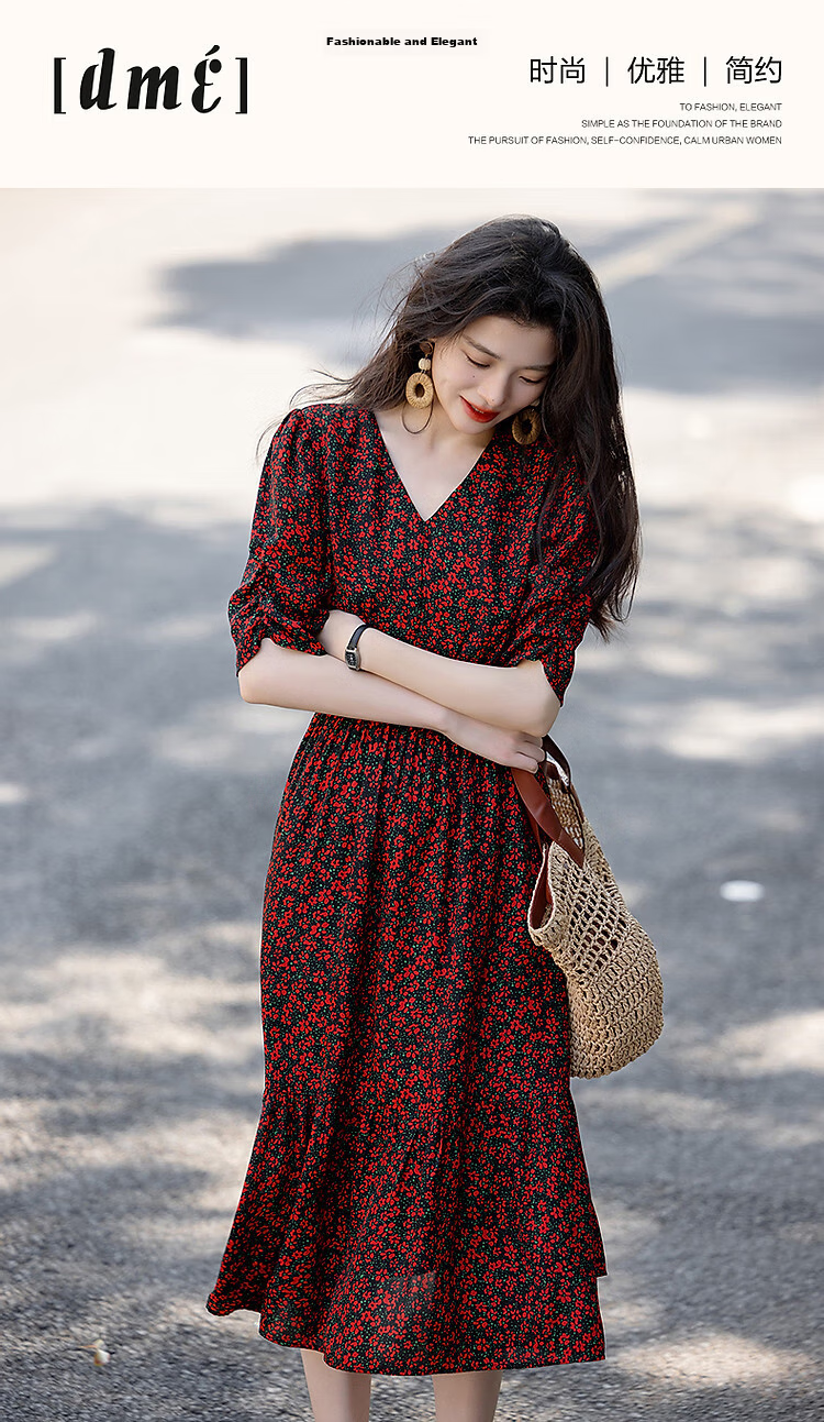Demana [Passionate French Style] Summer Lightweight Chiffon Printed V-Neck Short Sleeve Waist-Cinched Ruffle Hem Elegant Women's Dress 1