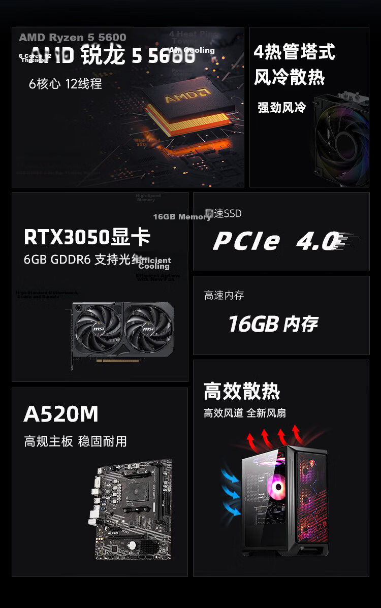 MSI Dark Knight Codex AMD Ryzen R5 5600/RTX 3050/16GB/1TB Gaming Designer Desktop PC DIY Assembly Computer 2
