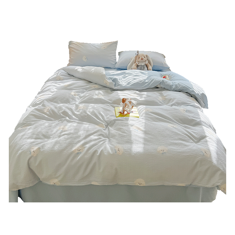 Hongdou Class A Cloud Feeling Puff Yarn 4-Piece Bedding Set 1.5/1.8m Thickened Duvet Cover Bed Sheet Home Dormitory 200x230cm Blue Bowknot