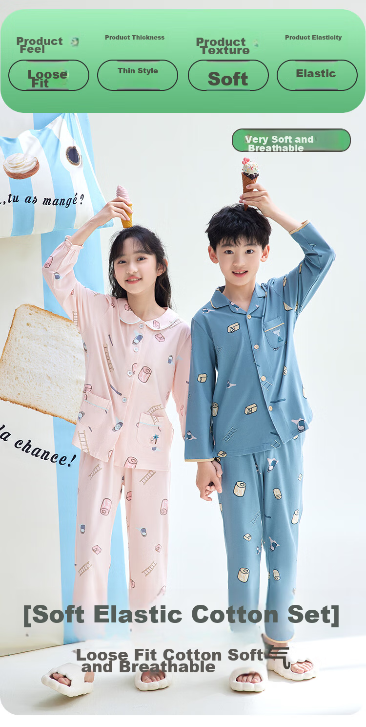 Hodohome Children's Pajamas Girls Cotton Spandex Loungewear Cartoon All-Over Print Long-Sleeve Cardigan Set 116 160 1