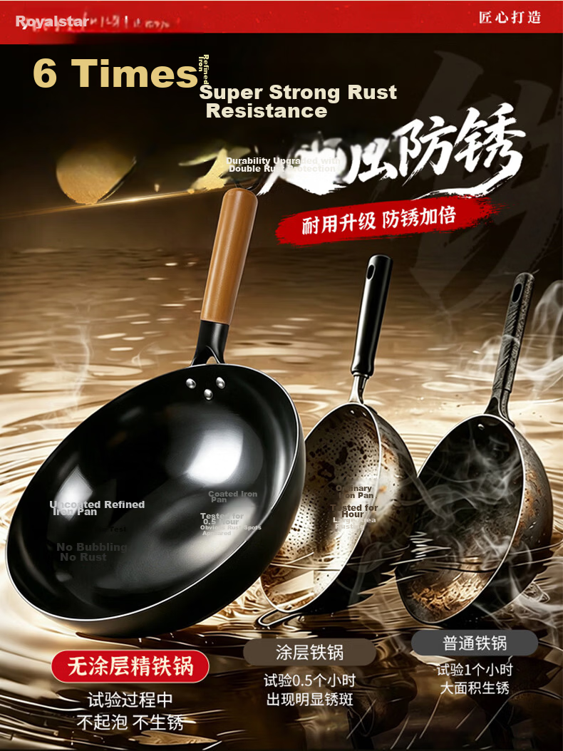 Royalstar Vintage Iron Wok Seasoned Non-Stick No Coating Household Stir-Fry Pan Cast Iron Stove Compatible 6