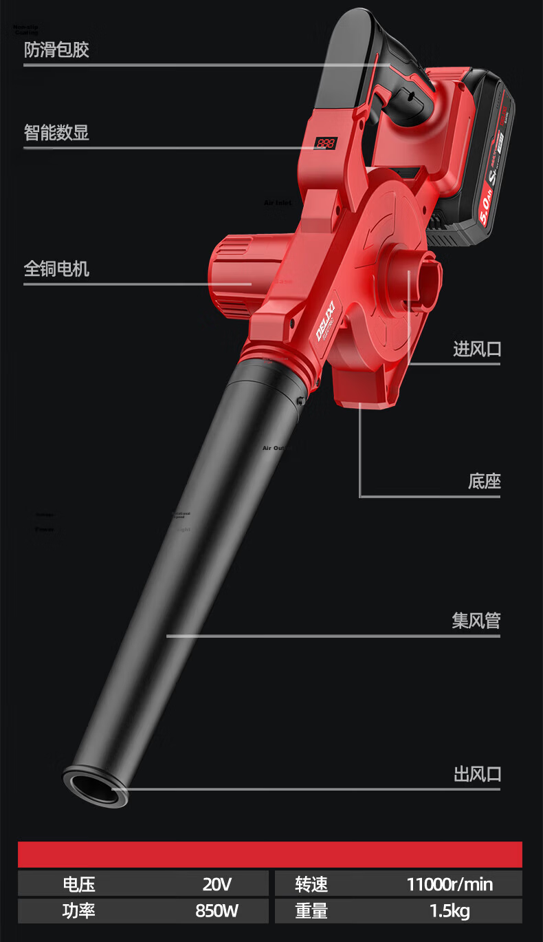 DELIXI Lithium Battery Digital Display Blower Small Household Dual-Use High-Power Cordless Rechargeable Blower Wireless Dust Remover 28