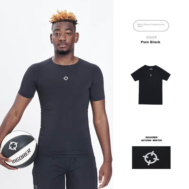 RIGORER Men's Short-Sleeve Compression Shirt, Round Neck, Sports Basketball Running Training Fitness Tight-Fitting Slimming Highlighting Line Top