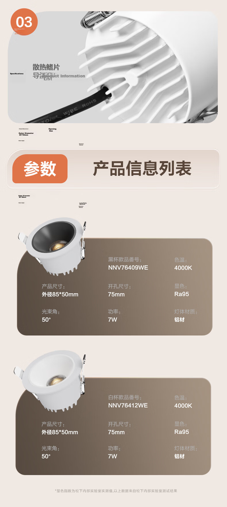Panasonic Hongfang LED Recessed Full-Spectrum Anti-Glare Metal Aluminum Downlight 7W 4000K Black Cup 75-80mm Cutout Living Room 10