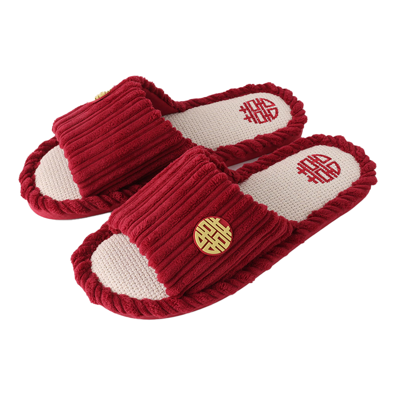 FOOTOPPO Couple's Wedding Linen Red Slippers, New Bride Red Wedding Shoes, Women's Summer Bright Red Pure Linen Soft-Soled Slippers, Men's