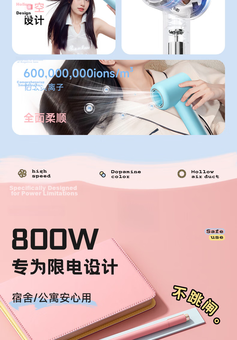 AUX High-Speed Hair Dryer 800W Dormitory Low Power Student Use Hair Care Negative Ion Quick Drying Low Power Strong Wind Gift [Dormitory] 10