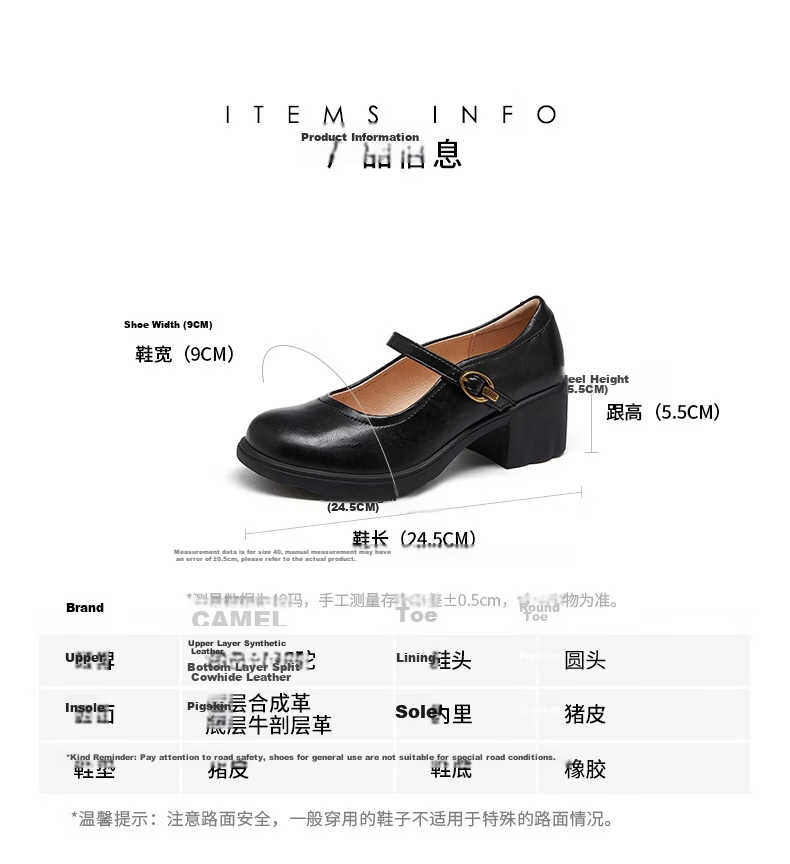 CAMEL Mary Jane Women's Casual Commuter Buckle Strap Chunky Heel Low-Cut Single Shoes L26S504057 Brown Size 40 14