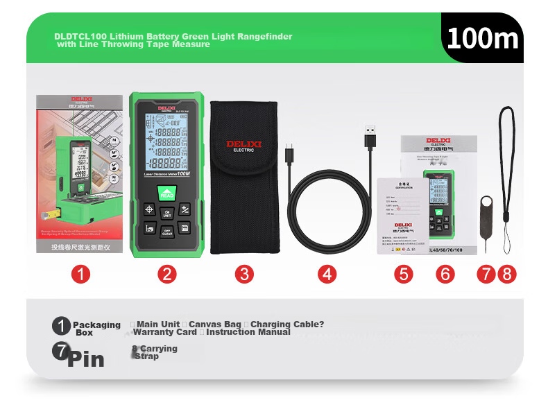 DELIXI ELECTRIC Laser Distance Meter with Crosshair, Tape Measure, Multifunctional Electronic Ruler, Lithium Battery, Red Light, 100m 27