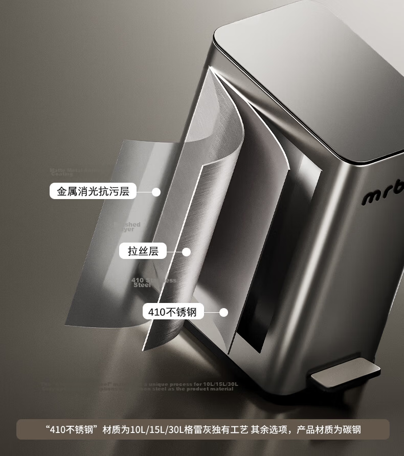 Mr.Bin Living Room Stylish Trash Can Kitchen Pedal Covered Large Household Stainless Steel Bathroom Luxury 15L Gray 5