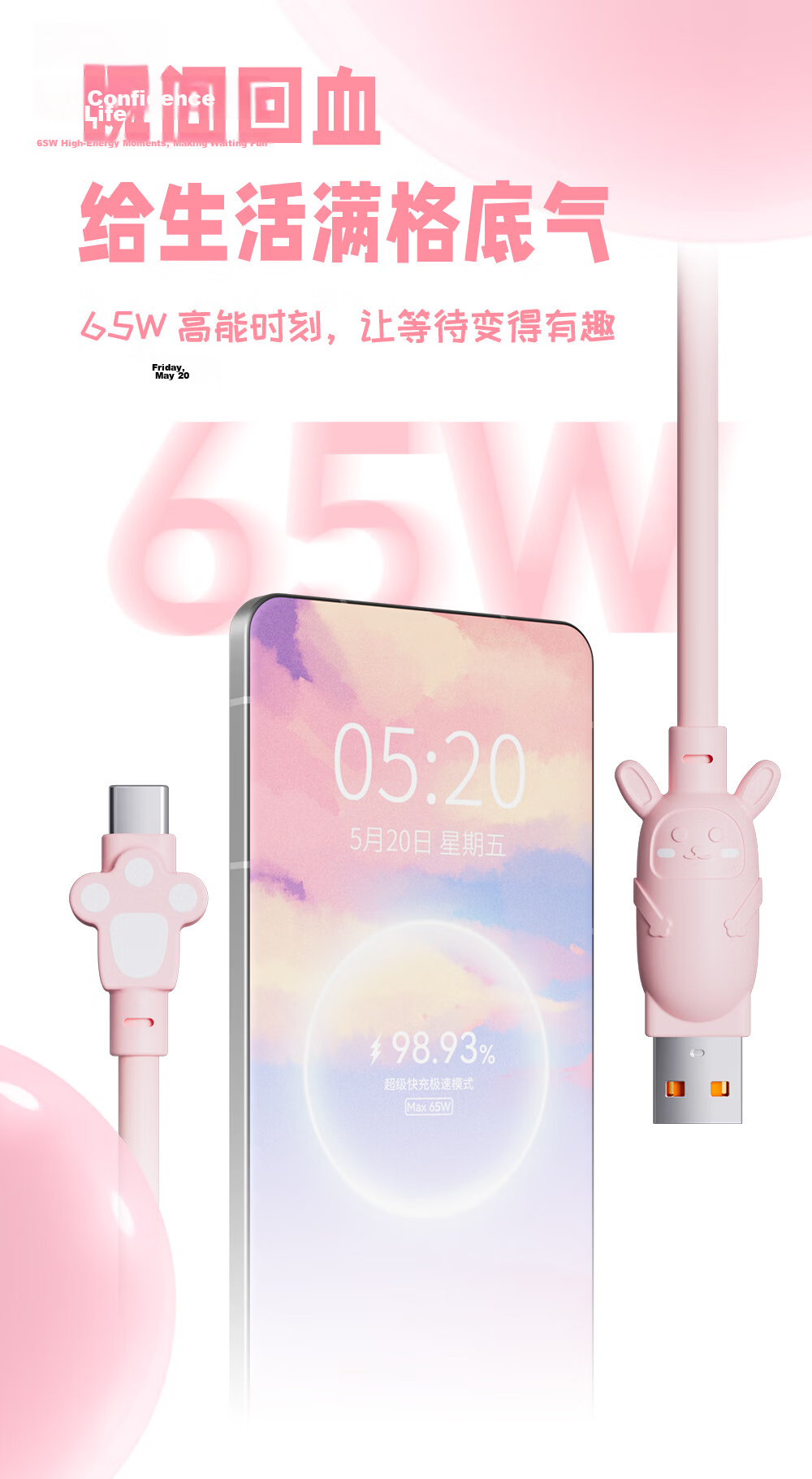 Beimo [2026 New] Type-C Fast Charging Cable Cute Rabbit Style 65W Data Cable Compatible with iPhone 17 Pro/16 Huawei Xiaomi Oppo Phones iPad 1.5m 3