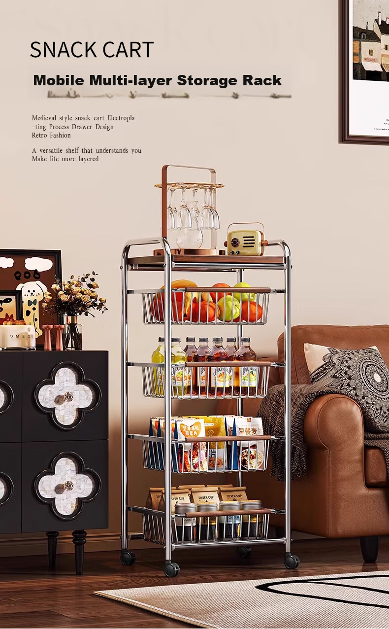 Zhuobo Kitchen Floor Storage Rack Multi-Layer Living Room Snack Shelf BH18 Four-Tier Six-Basket with Crystal Wheels 1
