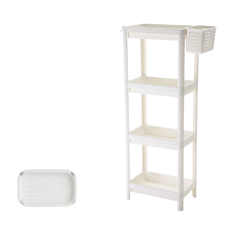 Youjialiangpin Bathroom Storage Rack, Floor-Standing, No Drilling Required, Four-Tier with Hanging Basket, White Plastic Storage Shelf