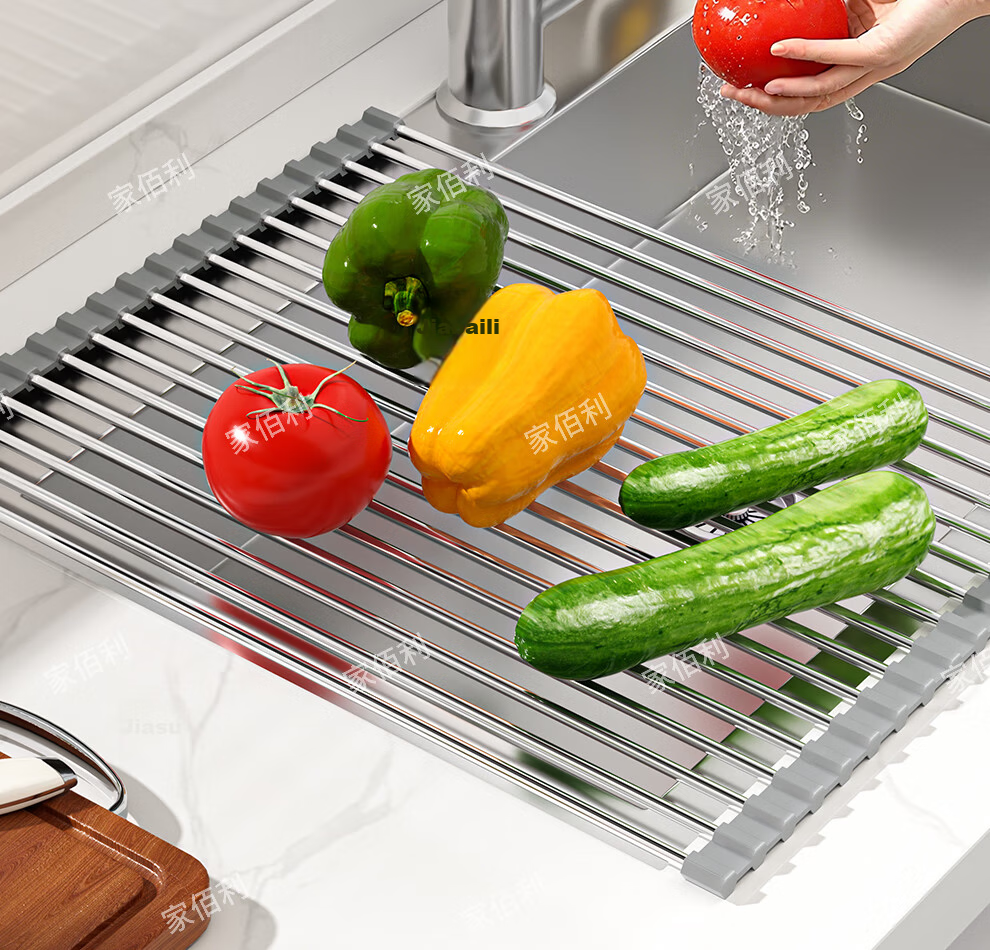 Jiabaili Kitchen Sink Draining Rack Stainless Steel Foldable Roll-up Dish Drying Basket 8