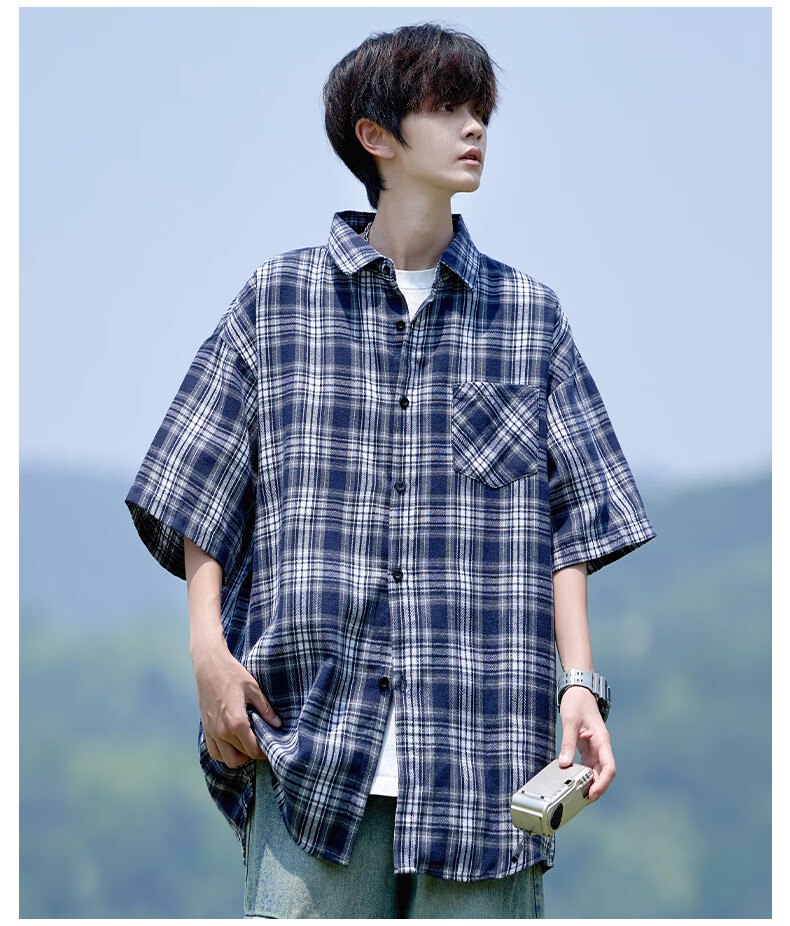 CLOR Men's Plaid Long Sleeve Shirt Spring Autumn Ins Loose Casual Retro Jacket CLCX10 Black 2XL 10