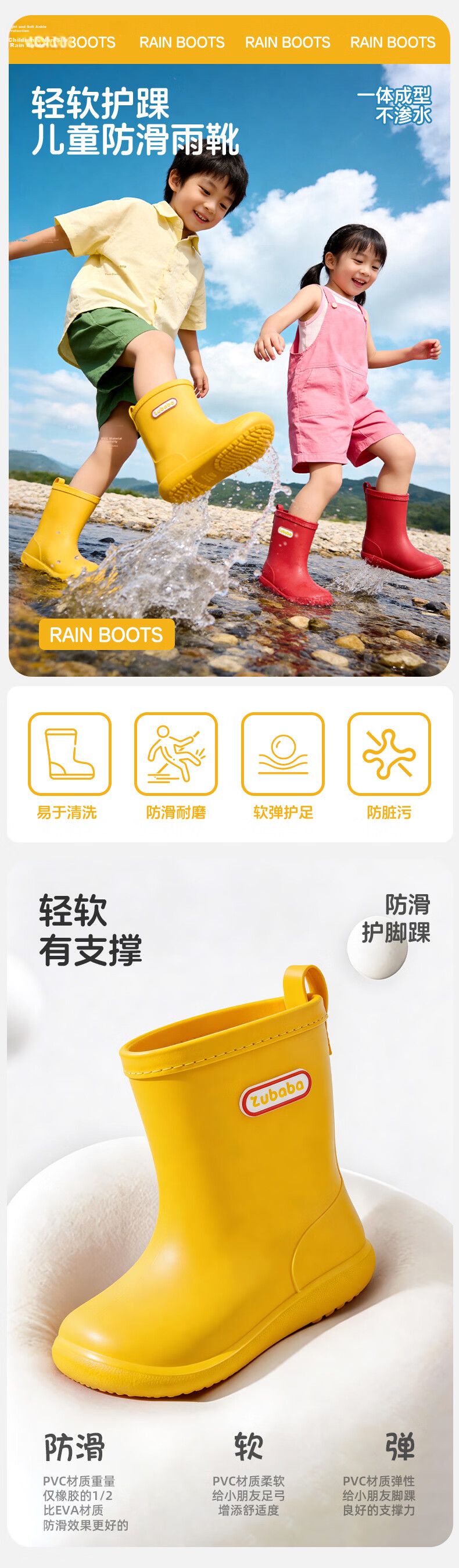 Pig Daddy Kids Rain Boots Girls 2026 Summer New Waterproof Non-slip Outdoor Rain Shoes Yellow Size 17 1